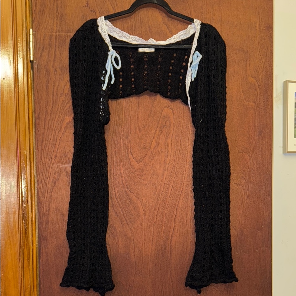Urban Outfitters Black Crochet Shrug with Blue and White Accents